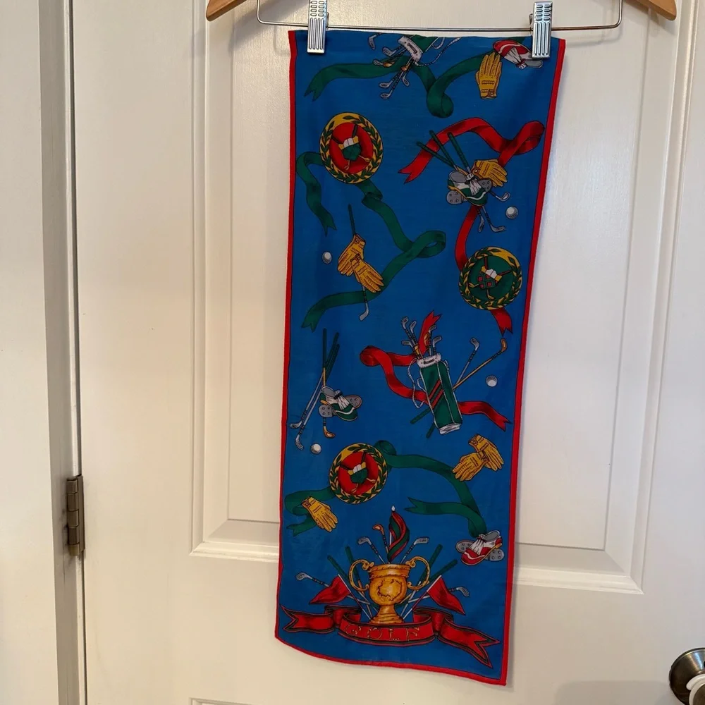 TALBOTS SCARF GOLF THEME BLUE RED GOLD MULTI COLOR RECTANGLE COTTON SILK BLEND